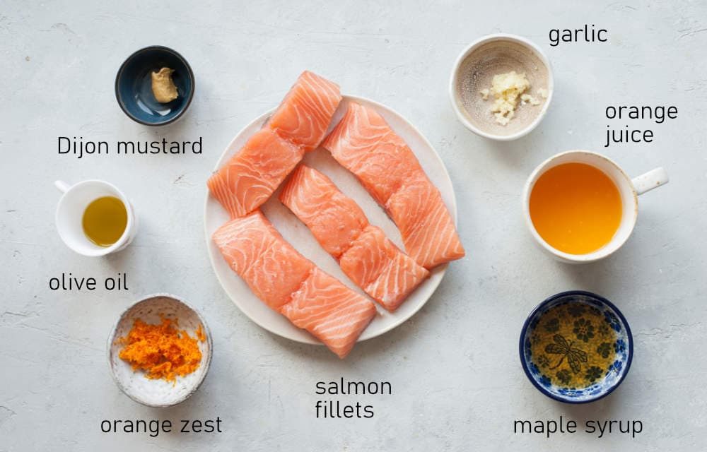 Labeled ingredients for orange maple salmon.