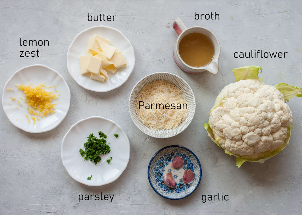 Labeled ingredients for parmesan cauliflower rice.