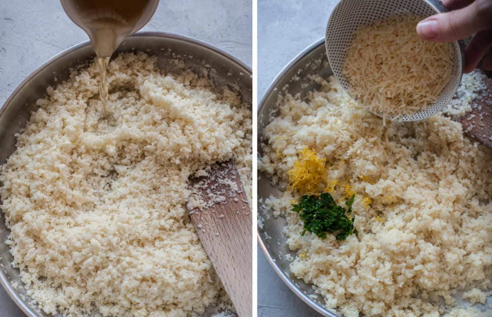 Broth is being added to cauliflower rice. Parmesan cheese, lemon zest, and parsley are being added to cauliflower rice.