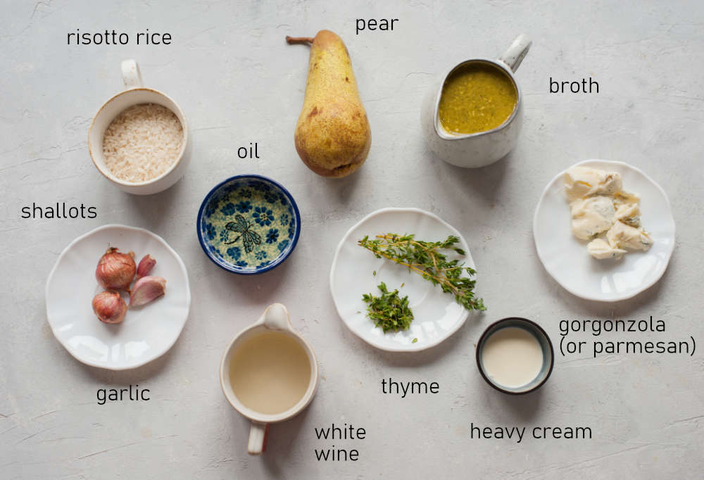 Labeled ingredients for pear risotto.