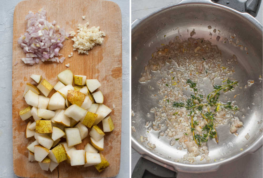 Chopped ingredients on a wooden board. Sauteed onion with thyme in a pot.