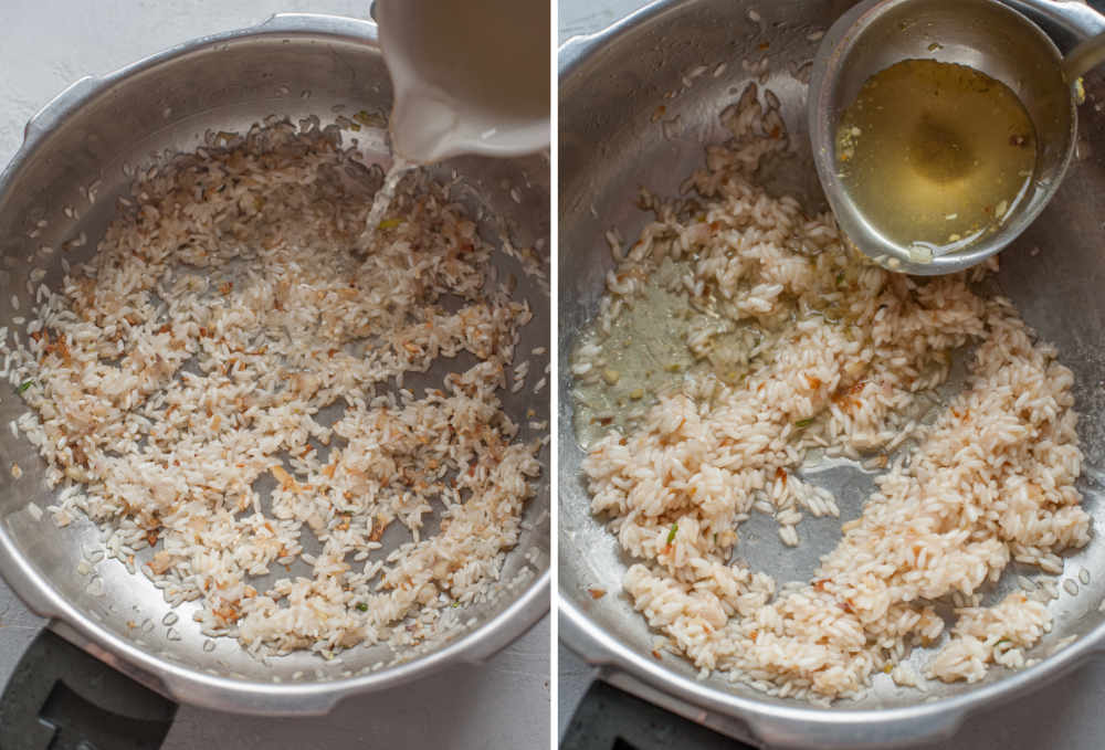 Wine is being added to a pot with rice. Broth is being added to the pot.