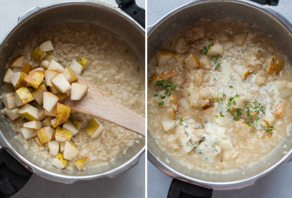 Pear is being added to the pot with risotto. Pear risotto in a pot.