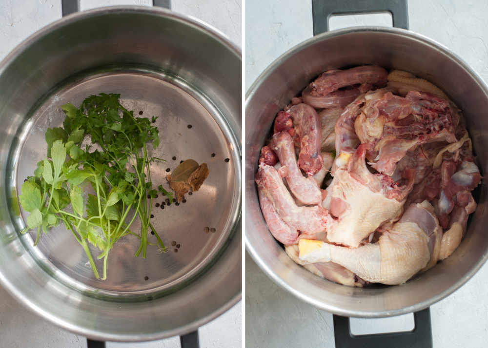 Herbs and spices in a pot. Chicken meat in a pot.