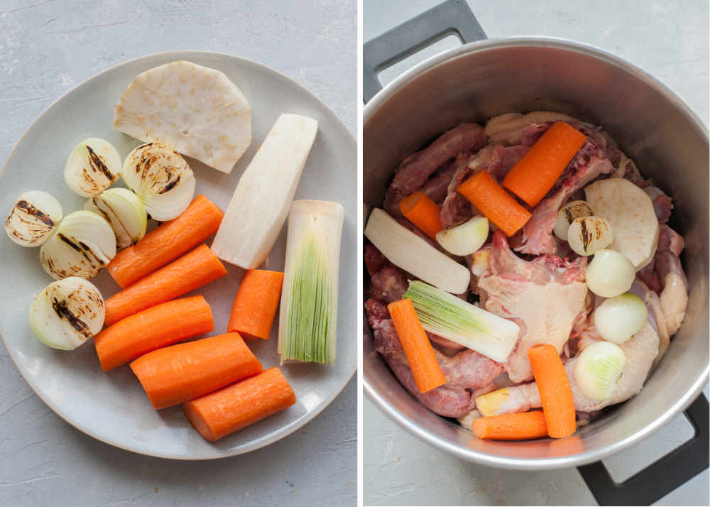 Vegetables for the soup on a plate. Chicken pieces and vegetables in a pot.