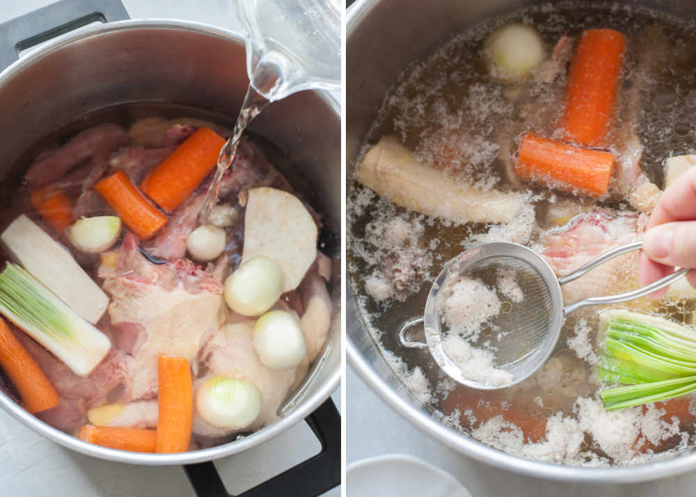 Water is being added to a pot. Foam on top of the broth is being scooped with a sieve.