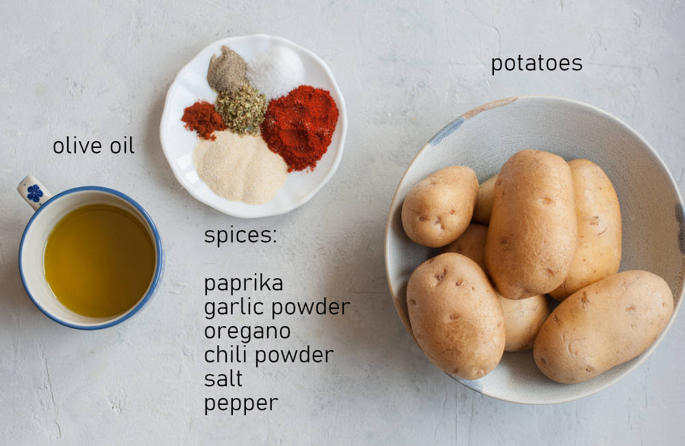 Labeled ingredients for spicy potato wedges.