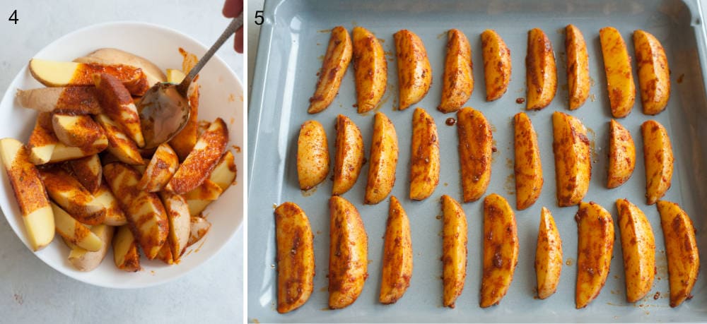 Potato wedges lined up on baking sheet.