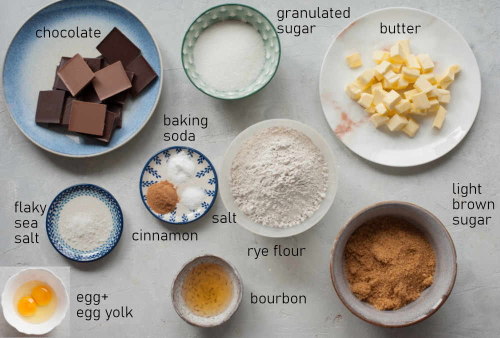 Labeled ingredients for rye chocolate cookies.