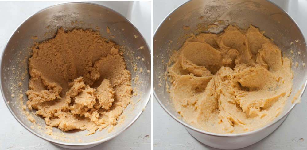 Creamed butter and sugar in a bowl. Creamed butter, eggs, and sugar in a bowl.