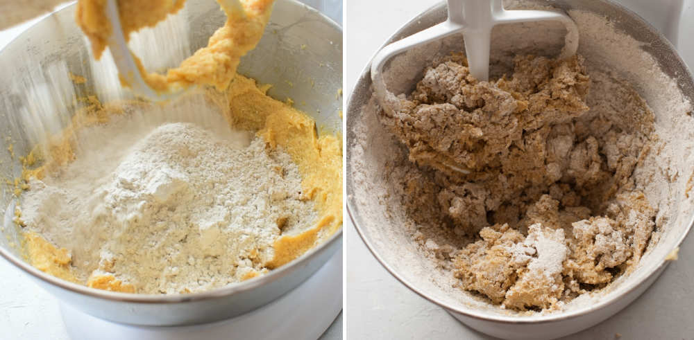 Flour is being added to a bowl with cookie batter. Cookie batter in a bowl.