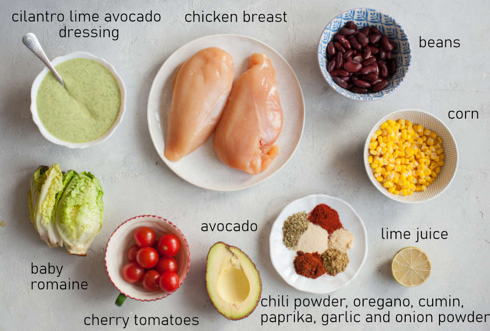 Labeled ingredients for southwest chicken salad.