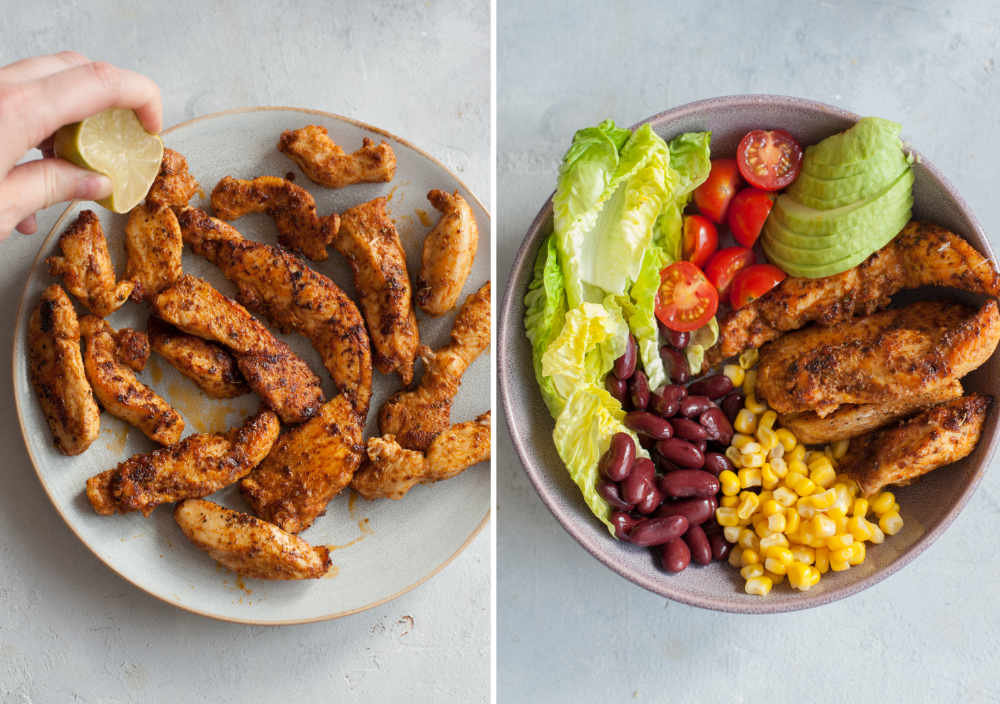 Cooked chicken on a plate. All the ingredients for the salad in a violet bowl.