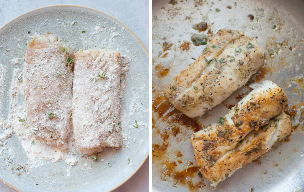 Fish fillets dredged in flour. Fish fillets are being pan-fried.