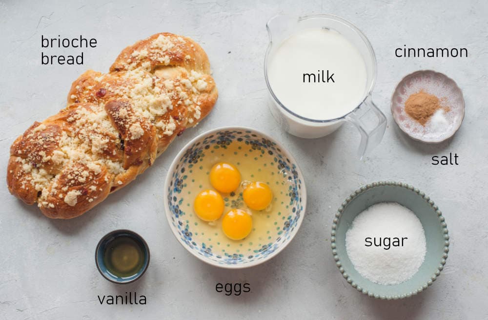 Labeled ingredients for brioche bread pudding.