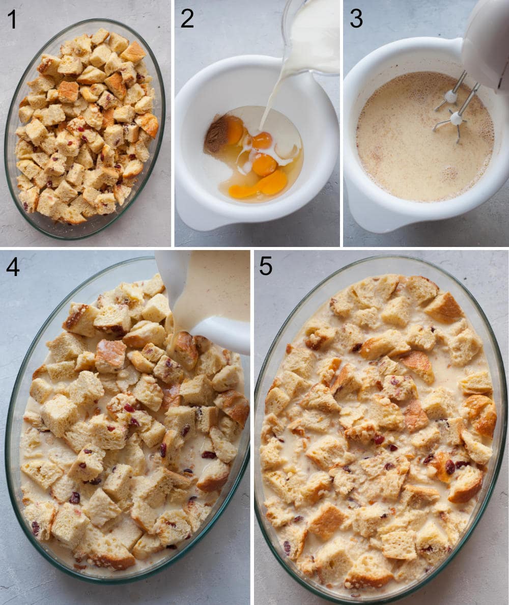 A collage of 5 photos showing preparation steps of brioche bread pudding.