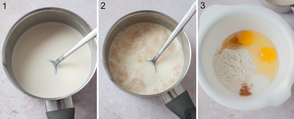 Milk in a pot. Milk with yeast in a pot. Pancake batter ingredients in a white bowl.