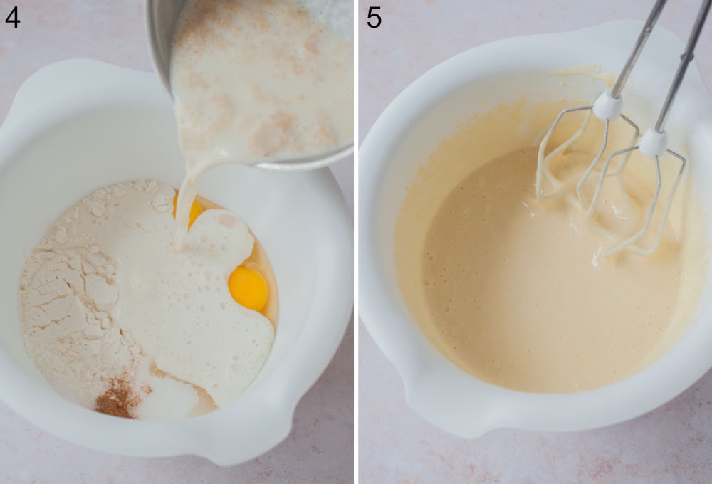 Mleko z drożdżami dodawane do białej miski ze składnikami na racuchy. Ciasto na racuchy miksowane mikserem.