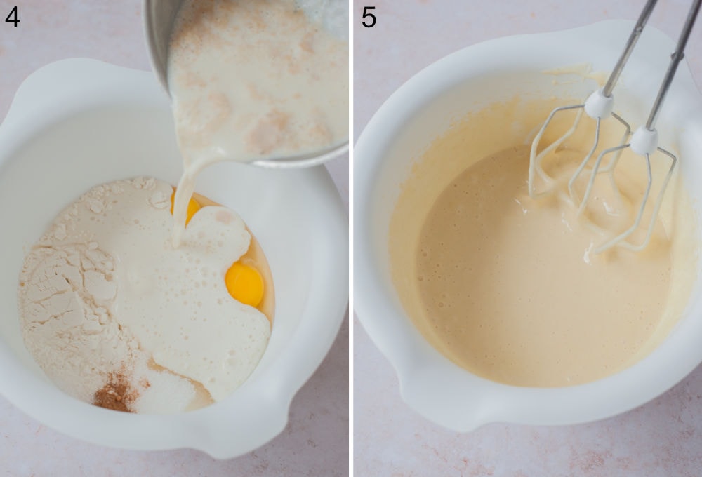 Proofed yeast with milk are being added to the pancake ingredients in a white bowl. Pancake batter is being mixed with a mixer.