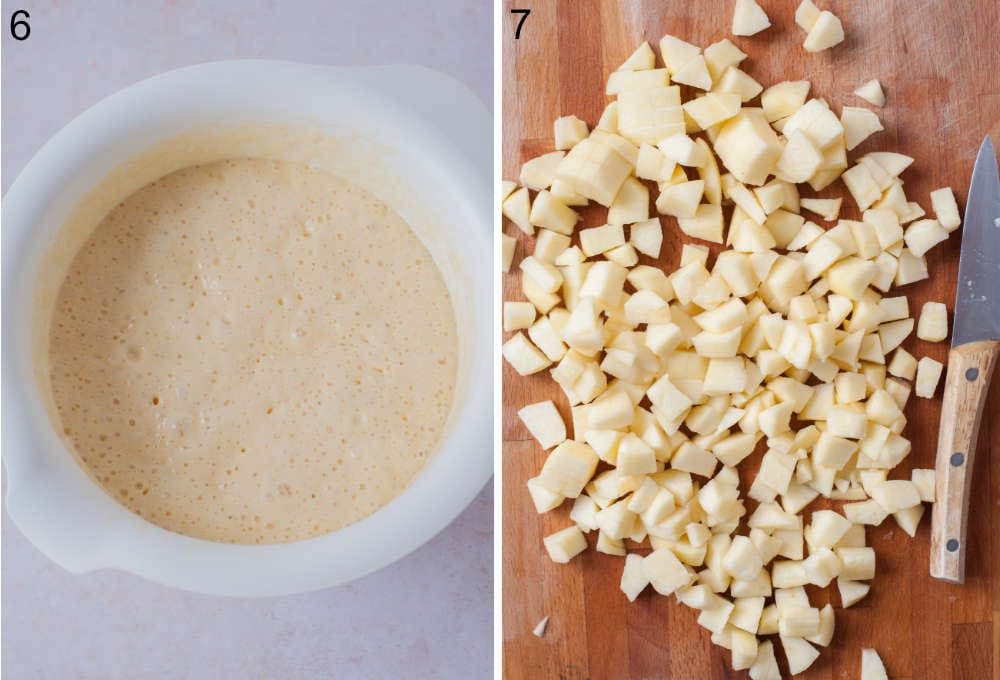 Risen pancake batter in a white bowl. Chopped apples on a wooden chopping board.