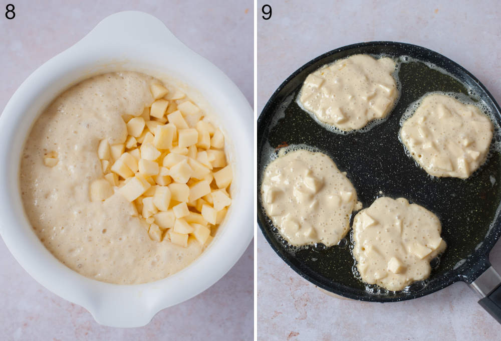 Pancake batter with chopped apples in a white bowl. Apple pancakes are being fried in a pan.