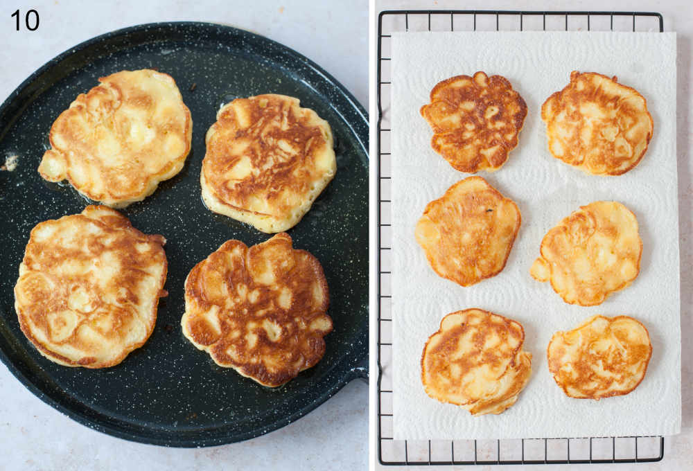 Apple pancakes are being fried in a pan. Apple pancakes on a paper towel-lined wire rack.