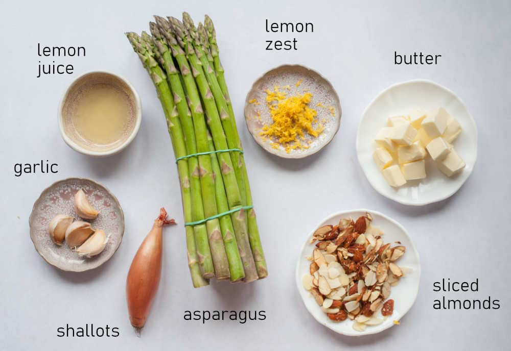 Labeled ingredients for asparagus almondine.