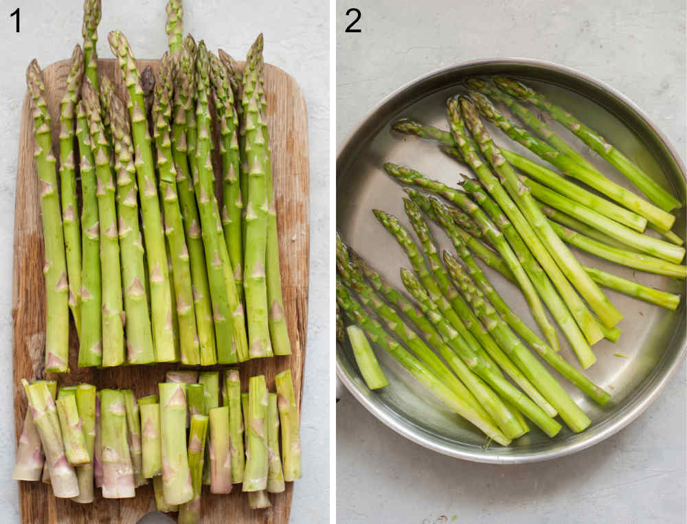 Asparagus with cut off ends on a chopping board. Asparagus is being cooked in a pan.