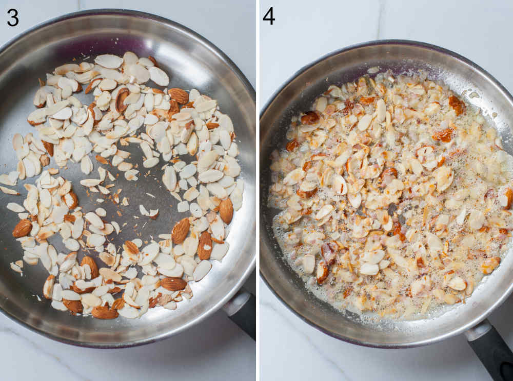 Sliced almonds are being toasted in a dry pan. Sliced almonds are being cooked with butter and shallots in a pan.