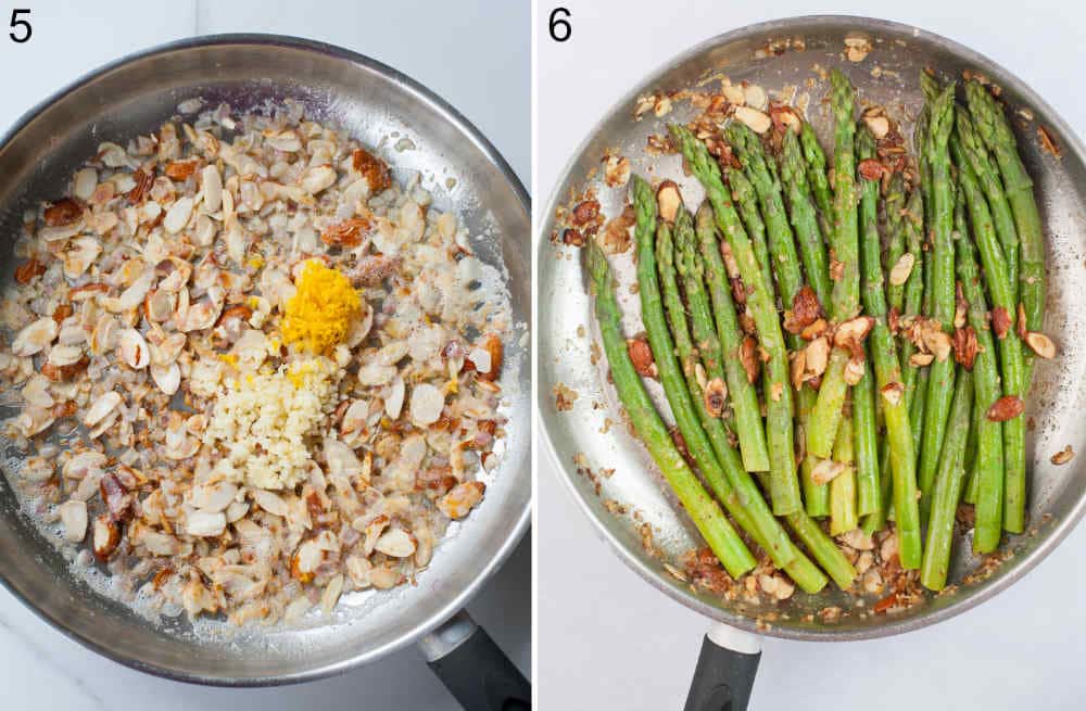 Lemon zest and garlic added to almonds and shallots in a pan. Almond topping with asparagus in a pan.