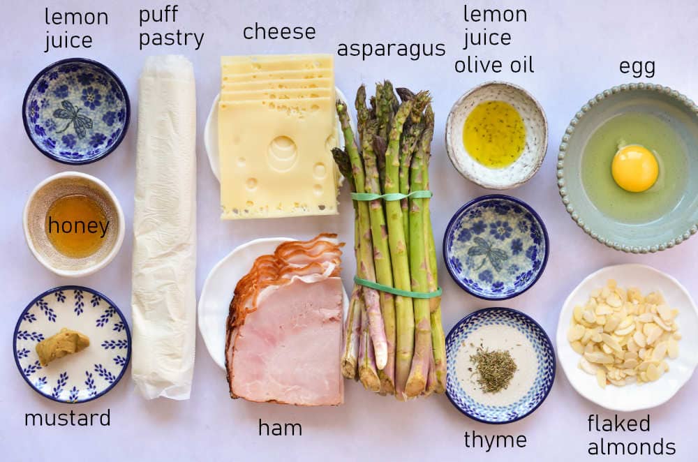 Labeled ingredients for asparagus in puff pastry.