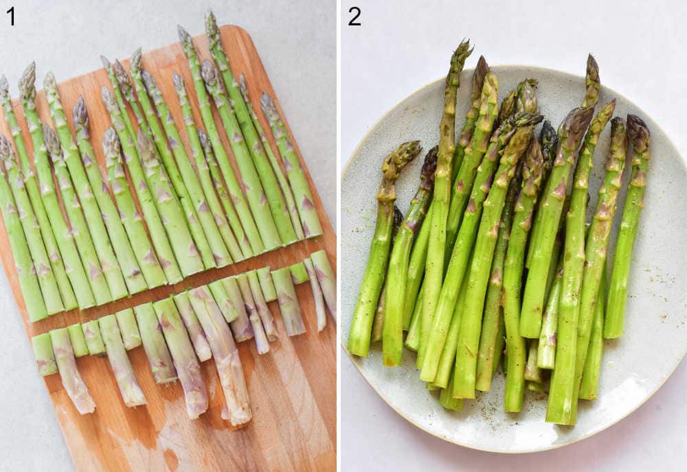 Asparagus on a chopping board with woody ends cut off. Asparagus on a plate tosses with olive oil and lemon juice.