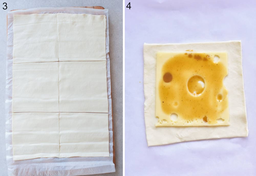 A sheet of puff pastry cut into 6 squares. A square of puff pastry topped with cheese and honey mustard sauce.