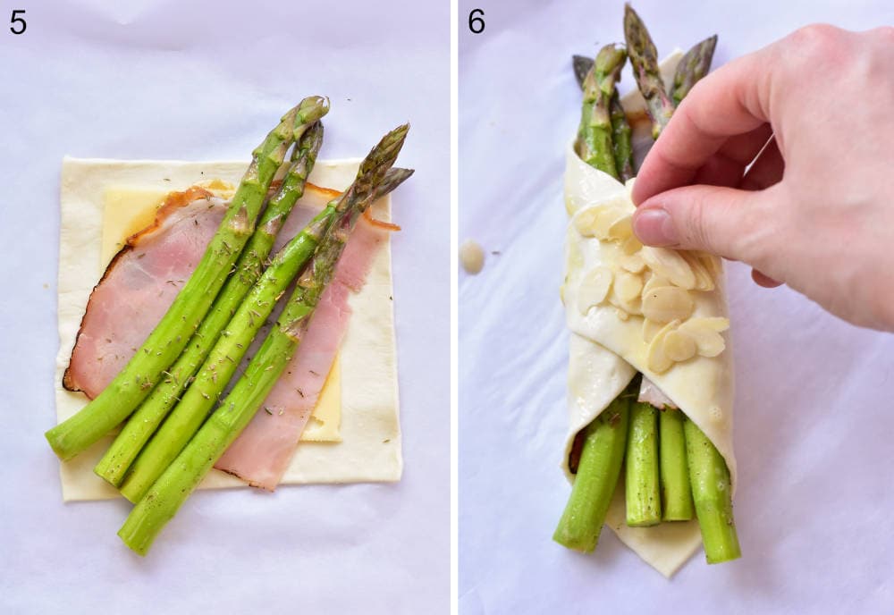 A piece of puff pastry with ham, cheese, and asparagus on top. Puff pastry appetizer is being sprinkled with flaked almonds.