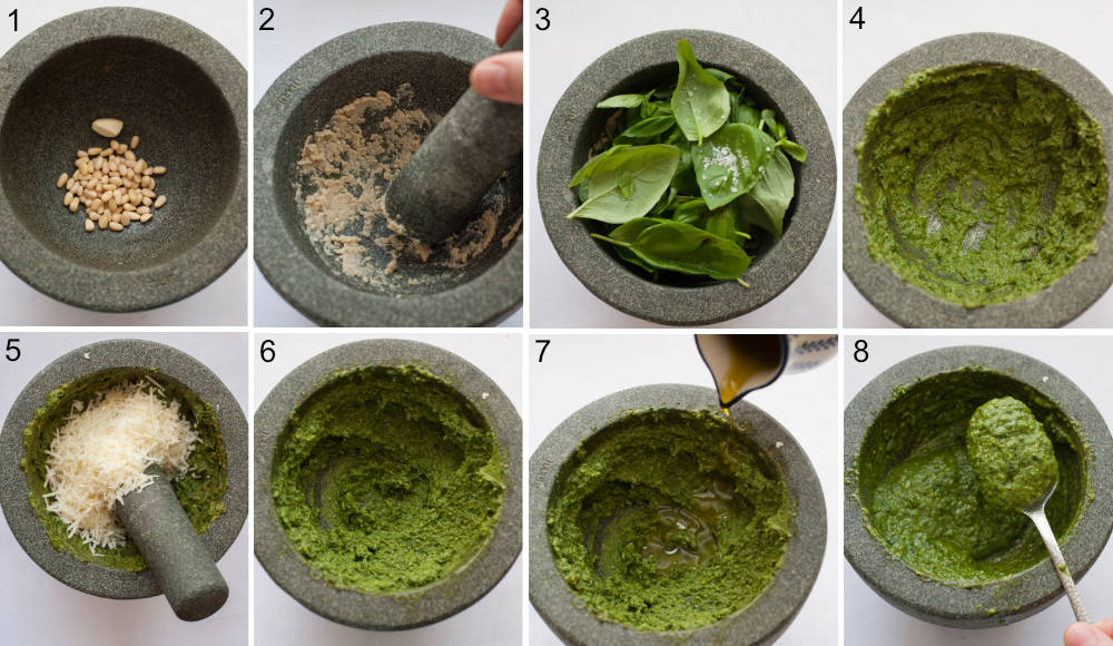 A collage of 8 photos showing preparation steps of basil pesto using a pestle and mortar.