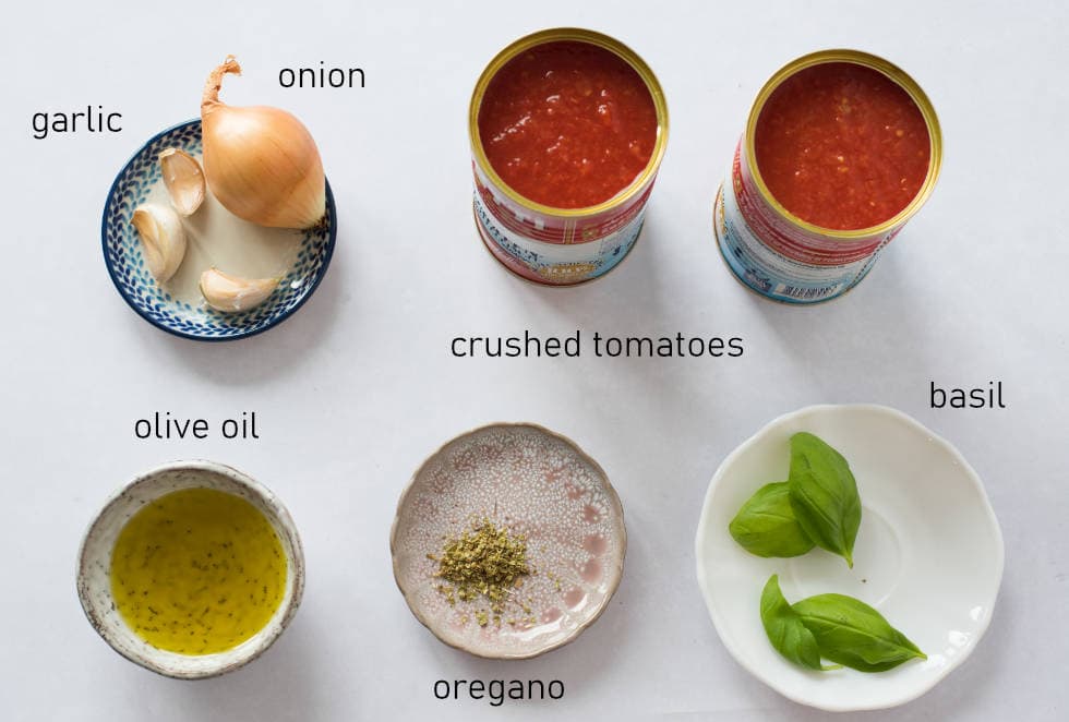 Labeled ingredients for marinara sauce.