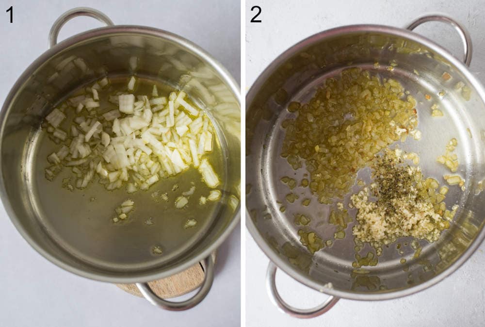 Cebula i oliwa w garnku. Podsmażona oliwa, czosnek i oregano w garnku.