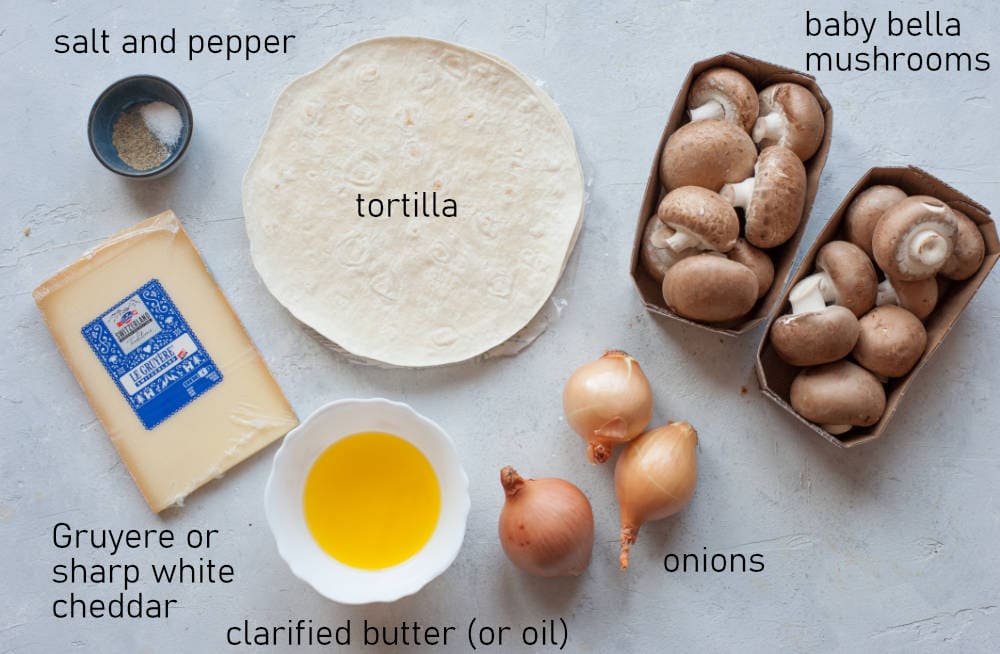 Labeled ingredients for mushroom quesadillas.