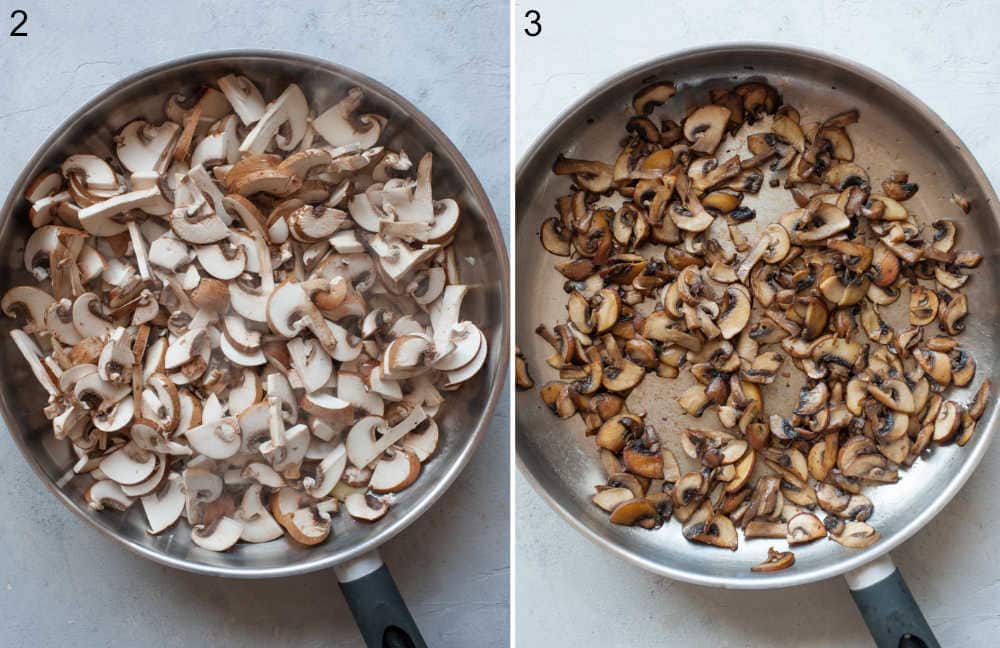 Chopped mushrooms in a pan. Sauteed mushrooms in a pan.