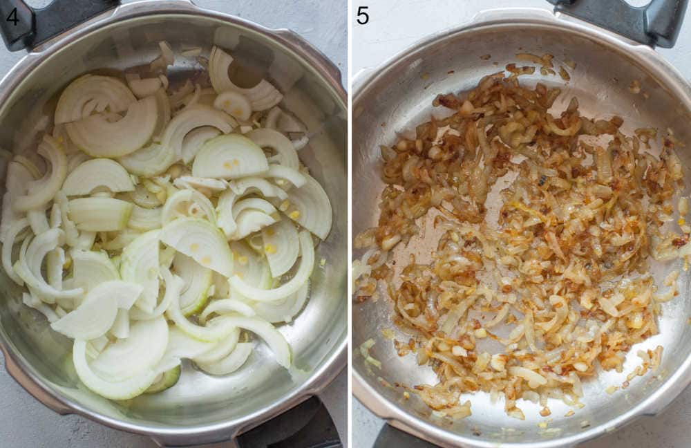 Sliced onions in a pan. Caramelized onions in a pan.