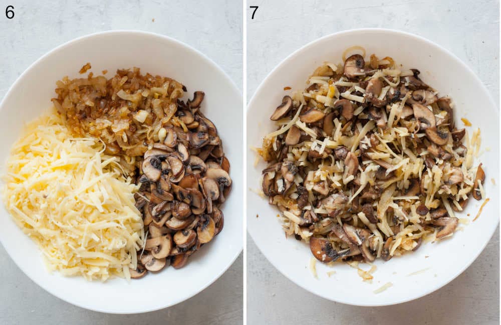 Caramelized onions, sauteed mushrooms and shredded cheese in a white bowl. Mushroom quesadilla filling in a white bowl.