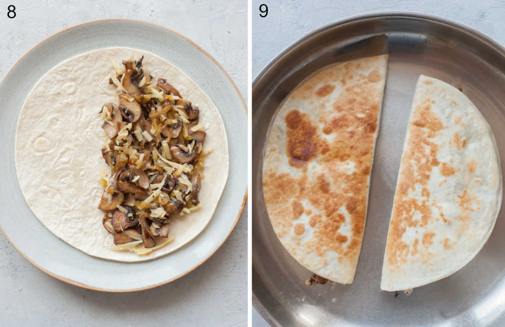 Tortilla on a plate topped with mushroom filling. Two quesadillas are being cooked in a pan.