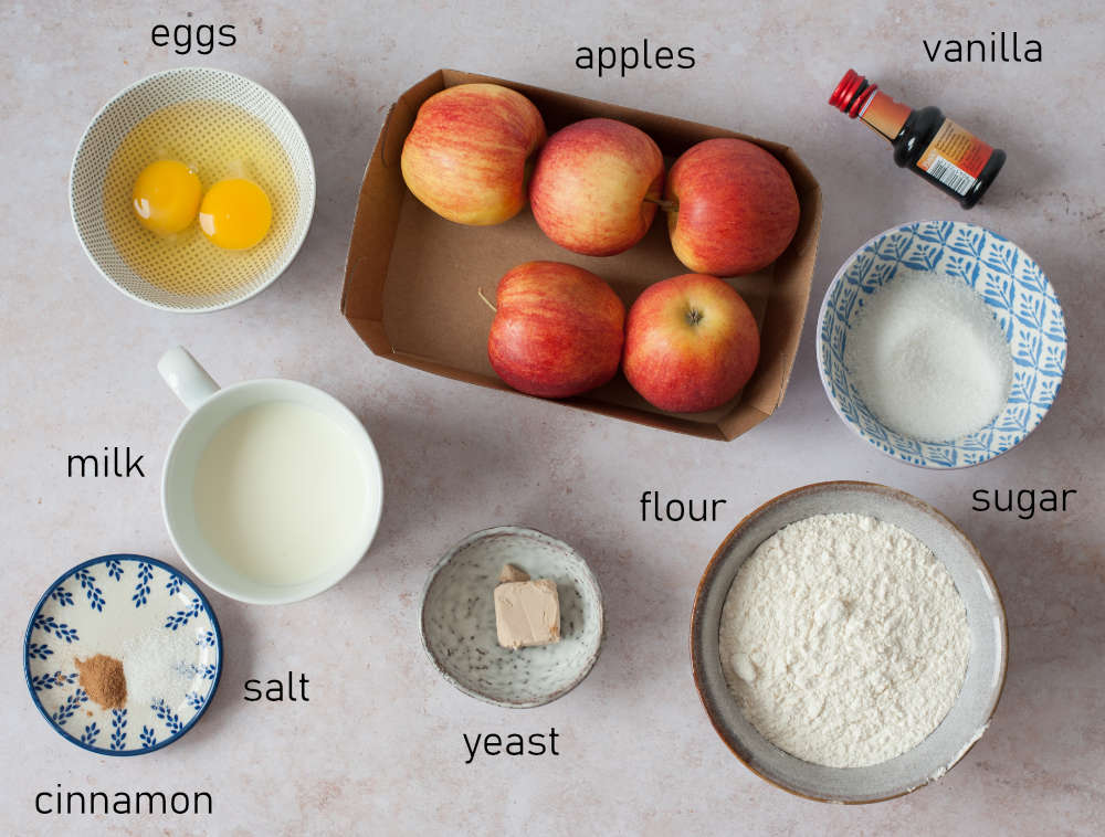 Labeled ingredients for Polish apple pancakes.