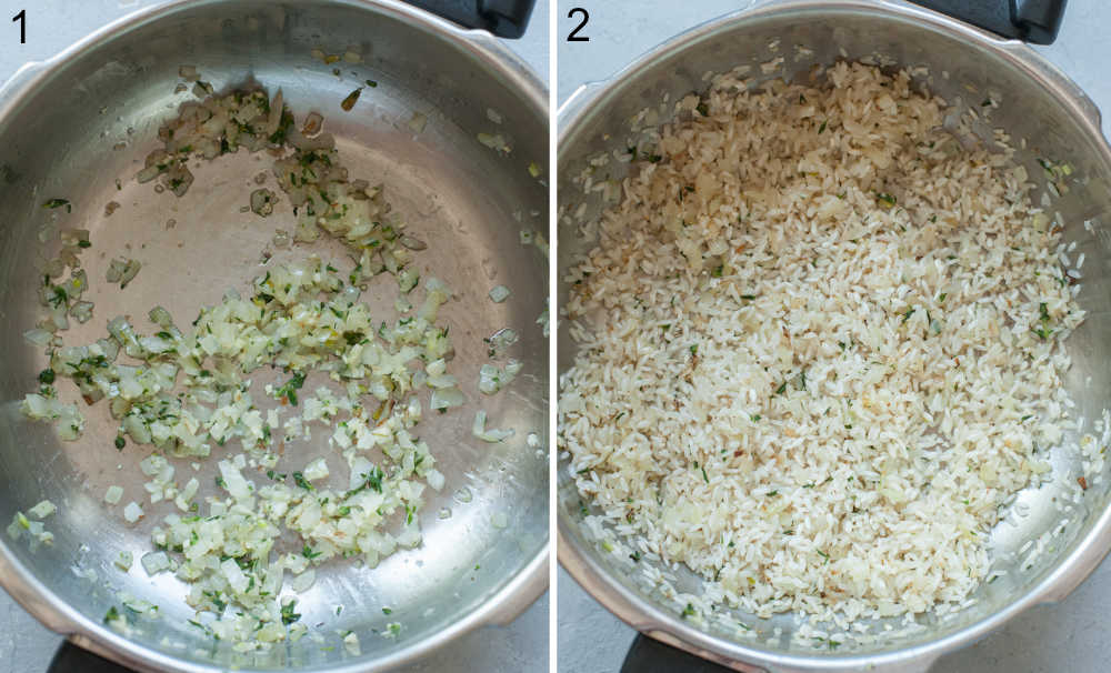 Sauteed onions, garlic and thyme in a pot. Toasted rice in a pot.