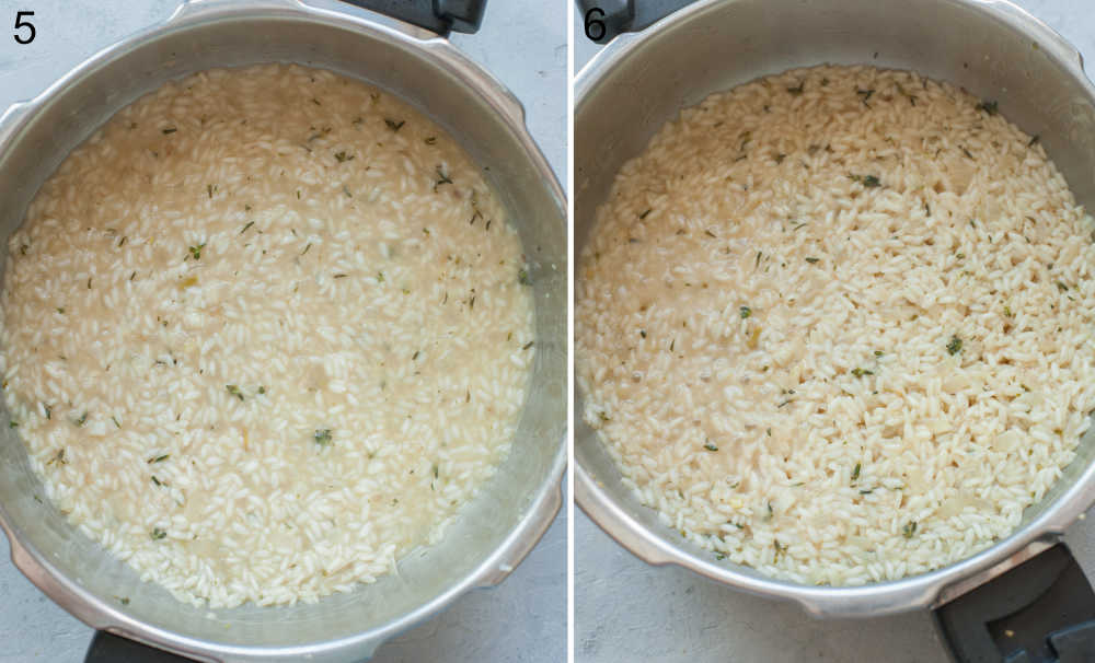 Risotto is being cooked in a pot.