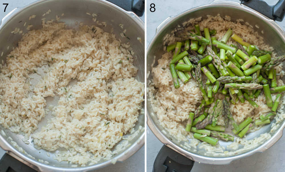 Risotto is being cooked in a pot. Asparagus added to a pot with risotto.