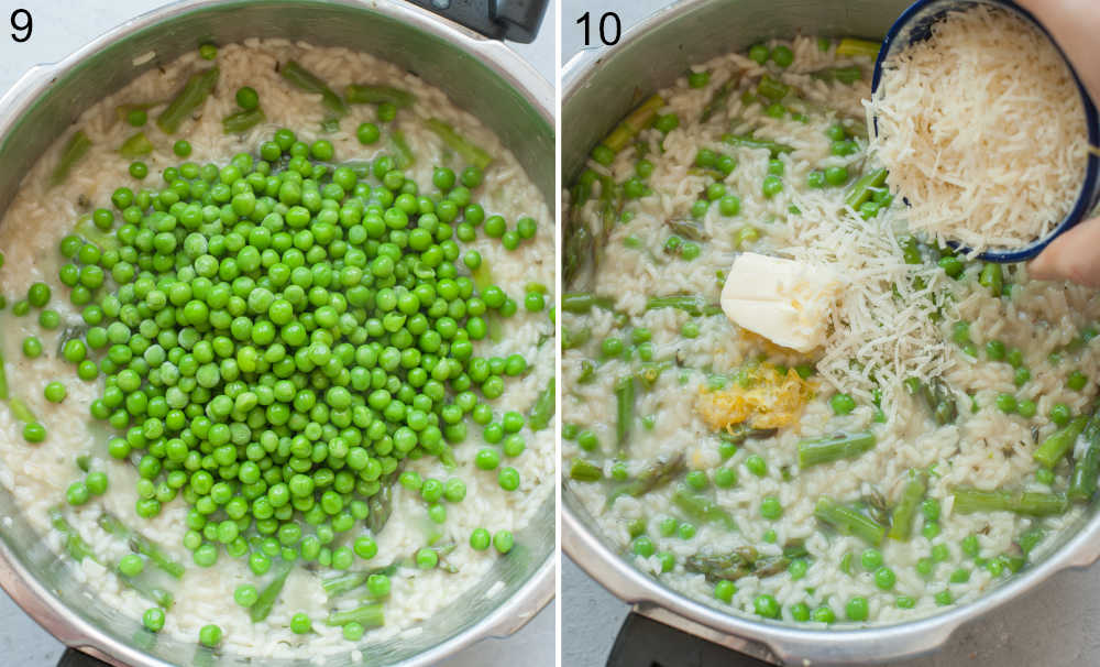 Peas added to a pot with risotto. Parmesan cheese is being added to risotto.
