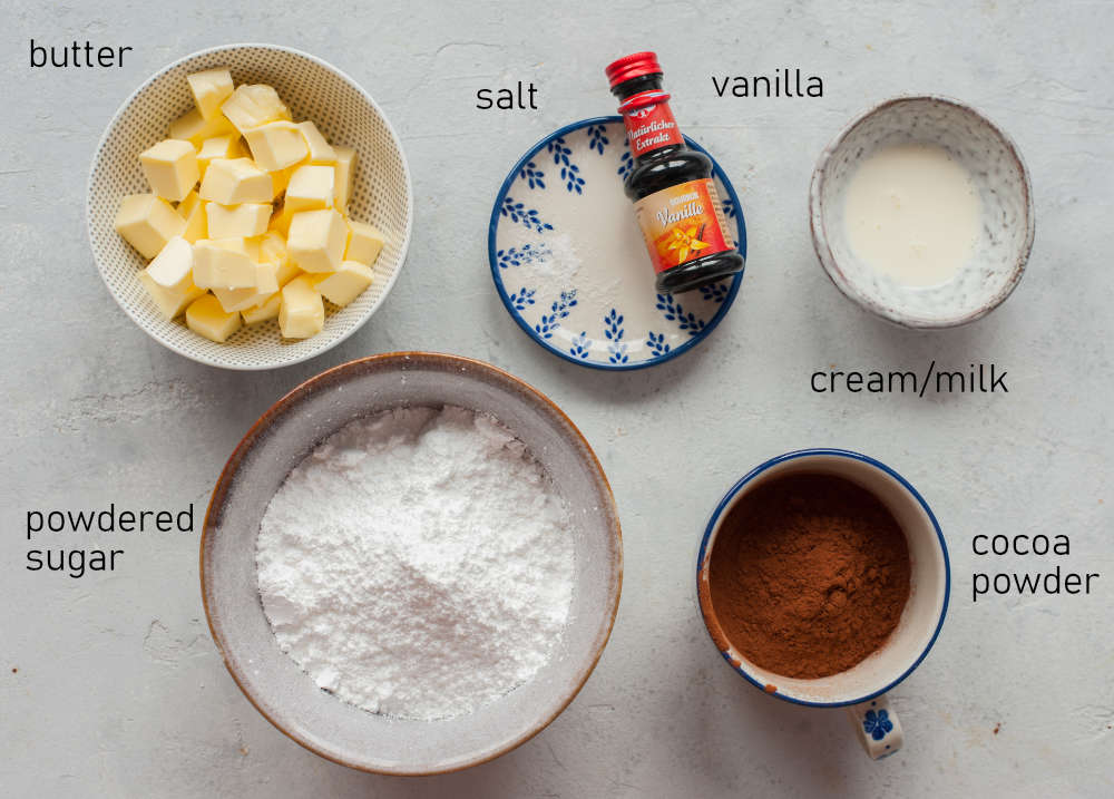 Labeled ingredients for buttercream chocolate frosting.