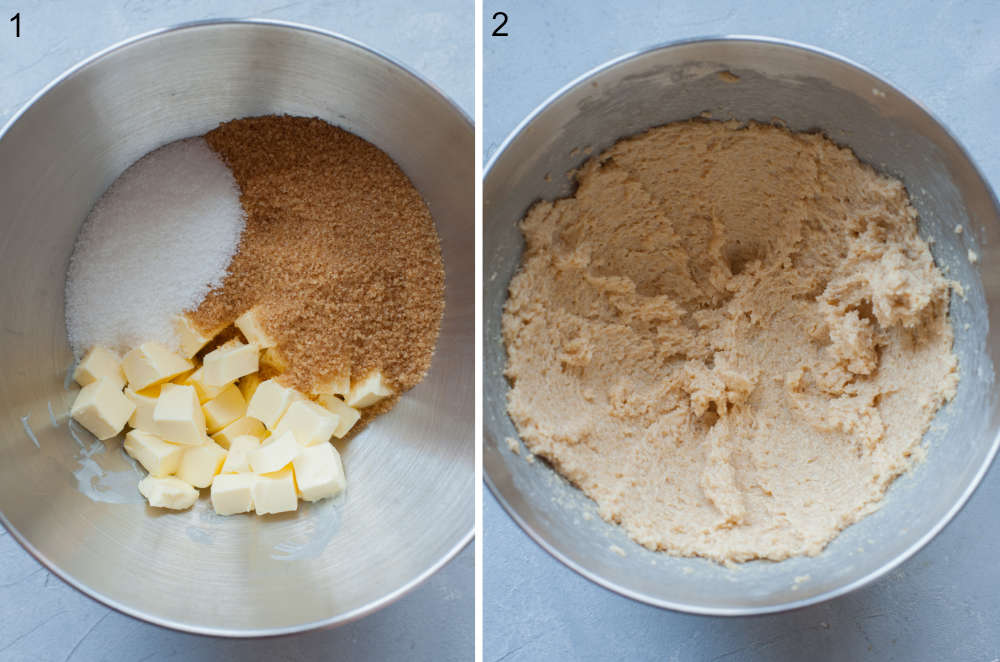 Sugar and butter in a bowl. Mixer sugar and butter in a bowl.