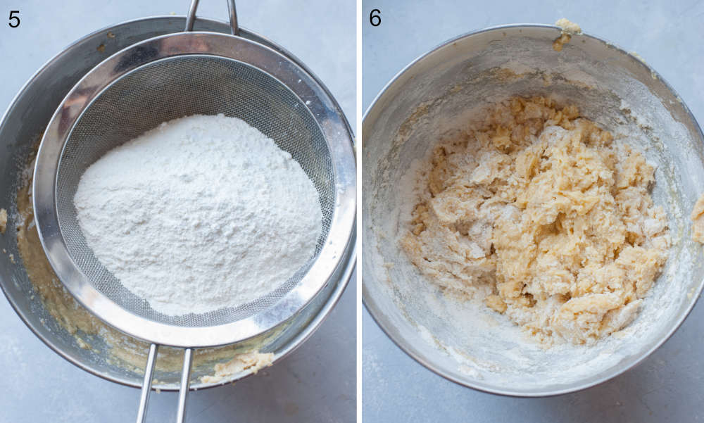 Flour is being sifted into a bowl. Cookie dough in a bowl.